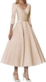 Elegante champagne satijnen midi-jurk met V-hals en uitlopende rok met halve mouwen - US maat 4 (S) / Champagne