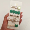 Green and white pearl hair clip set with resin bow and rhinestone floral designs - Onion Bear (5 Piece Set)