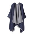Navy blue and grey reversible striped cape shawl with a stylish knit texture finish - TR Reversible Solid-Navy Blue