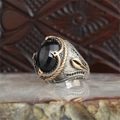 Macro shot of a vintage men's ring with oval black onyx and gold floral accents - Baroque Two-tone Black Onyx(KJZ044XS)