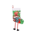 Calza di Natale verde con motivo gnomo e lunghe gambe a strisce per decorazione - Gnomo Verde con Albero di Natale