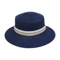 Dark blue straw fedora hat featuring white braided band with pearls and gold chains - Artificial Pearl Gold Chain Style (299G)