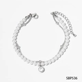 Close-up of double-layer bracelet featuring white pearls and snake chain with zircon pendant - Double Layer Pearl Zircon Pendant Bracelet (B536) / Silver