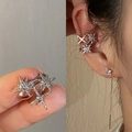 Silver star ear cuff with zircon inlay and long tassel dangling earring variant - MY30550-Silver Star Zircon Ear Clip Tassel Combo