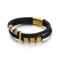 Men's double-layered black woven leather bracelet with golden metal accents and magnetic clasp - Gold (KB116186-KFC)