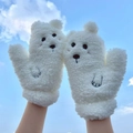 Cute white plush bear-shaped mittens with cozy sherpa fleece and neck strap detail - Crooked Face Bear / Cream