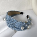 Distressed blue denim knotted headband decorated with faux pearls and rhinestones - Light Blue Pearl Headband