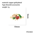 Detail of a 19x9mm gold-plated heart charm with red cubic zirconia and enamel leaf - Red Heart Enamel Leaf Style (P04483)