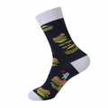 Dark blue mid-calf cotton socks with fun astronaut and burger patterns in white contrast - Dark Blue Burger Astronaut