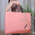 Pink Chinese floral non-woven tote bag with plum blossom print and sturdy handles - Horizontal 27*32*10cm / Magpie (Lucky Bird)