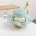 Detail of baby straw hat with white daisies and mint blue wavy lace brim design - Single Hat / Mint Green