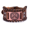 Retro braunes Lederarmband mit nordischen Runen und Drachenkopf Metallplakette - Echtes Leder - Antikes Rotkupfer