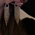 Elegant long fringe tassel earrings with rhinestones in a stunning silver-tone finish - Full Rhinestone Tassel / Gold
