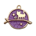 Purple and gold enamel round pendant with cat on branch and star details - Cat on Branch (25x22mm)