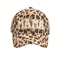 Close-up of leopard print corduroy texture and white chenille MAMA embroidery with gold edges - Beige Leopard Corduroy Cap