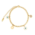 Detail of gold stainless steel bracelet with colorful enamel charms and O-chain links - B2135-Evil Eye Flower Bracelet
