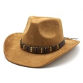 Détail d'un chapeau de cowboy en daim marron avec bande en cuir et coquillages cauris - M(56-59CM) / Kaki