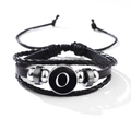 Classic black leather multilayer braided bracelet with letter O charm and metallic beads - Letter-O