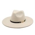Detail of wide brim wool fedora hat featuring a black leather band and gold metal chain - M (56-58cm) / Beige