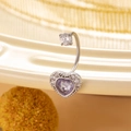 Silver heart navel ring with purple crystal and clear zirconia in a classic C-shape - Purple (Chameleon Blue)