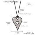 Detail van afmetingen van de zilveren hartvormige hanger aan een 900 mm leren koord ketting - Ketting met hartjeshanger
