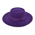 Detailed view of dark purple wool fedora hat with matching grosgrain ribbon and bow detail - Purple