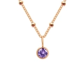 Birthstone necklace with round purple gemstone and beaded rose gold chain design - February Violet - Rose Gold