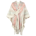 Women's multi-colored knit shawl with pastel fringe, pom-poms and faux fur trim - One Size / Apricot
