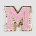 Pink chenille embroidered letter M patch with gold glitter borders for passport covers - Letter M