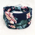 Elastic bohemian wide headband featuring navy blue tropical floral print on soft fabric - 119