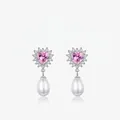 Elegant S925 silver heart earrings with pink zircon and teardrop pearl drops - 925 Silver / Silver