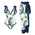 Dreiteiliges Bikini-Set mit Tropenfeder-Print, V-Ausschnitt und passendem Wickelrock - S / Oberteil Und Unterteil / Blauer Vogel
