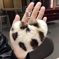 Plush heart keychain featuring a white and dark brown leopard print pattern with silver ring - Cream White Leopard Heart Plush