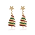 Christmas tree earrings with red and green enamel in gold finish for holiday fashion - Christmas Tree Drop Earrings