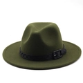 Dark green wool fedora hat with black braided leather band and buckle on white background - Army Green