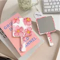 Floral portable handheld makeup mirror set with pink oil painting pattern and handle - 10 Flourishing Flowers