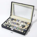24-slot black faux leather watch storage box with transparent window and beige lining - 24-Slot Watch Box