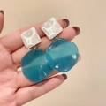 Blue resin geometric drop earrings with sparkling finish and white hammer textured top - Silver Needle - Blue Resin Irregular Dangle / Blue