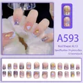 Pink heart press-on nails with purple glitter and gold foil accents in 24 piece set - Pink Purple Heart Gold Foil (A593)