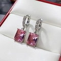 Elegant silver earrings with a rectangular pink gemstone and micro-pave crystals - Pink