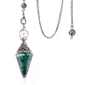 Antique silver hexagonal resin pendulum pendant with green crystal chips and metal chain - Malachite (Synthetic)