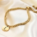 18K gold plated stainless steel beaded bracelet with letter L engraved round disc charm - Letter-L