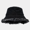Detailed view of frayed raw edge tassels on black denim bucket hat with stitching - M (56-58cm) / Black