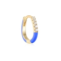 Detail of a gold huggie earring with light blue enamel and five clear cubic zirconia stones - 925 Sterling Silver - Single / Sapphire Blue