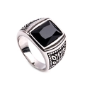 Silver stainless steel ring featuring a square black gemstone and vintage engravings - Steel Color Black Gemstone