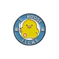 Round enamel brooch featuring a yellow chick with a knife and I HOOSE FIGHT text - Knife Chick