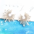 Golden sunflower earrings with clear crystals and white pearls in a sunburst design - Small Size / Gold