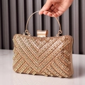 Elegant gold rhinestone evening clutch bag with intricate beadwork and metal handle - Champagne