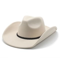 Detailed side view of off-white felt cowboy hat with black woven band and curved brim - M (56-59cm) / Beige