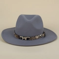 Detail of grey wool fedora hat featuring a stylish leopard print band and metal buckle - M (56-58cm) / Gray